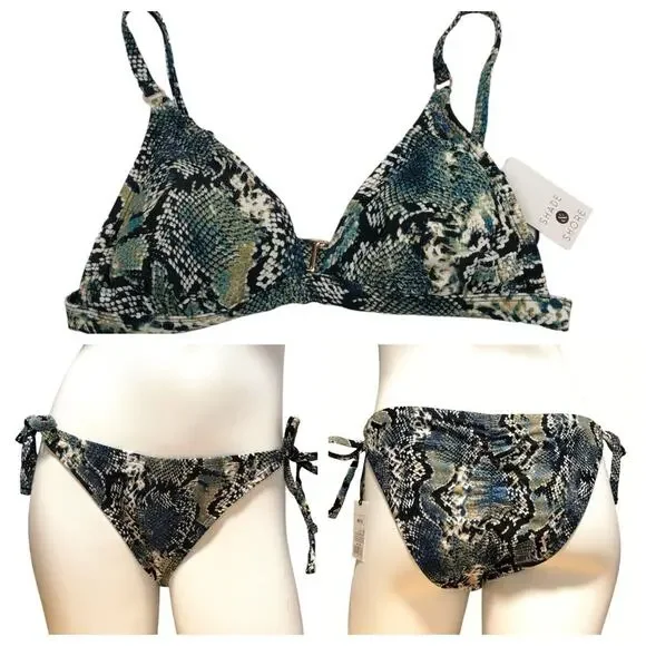 NEW Shade & Shore Snake Skin Print Bikini Set Triangle Top Cheeky Bottom Size M - Picture 2 of 12
